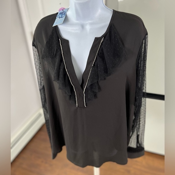 LIBBY Edelman Black Rhinestone V-Neck Sheer Long Sleeve Formal Top Size XXL NWT - Picture 6 of 17